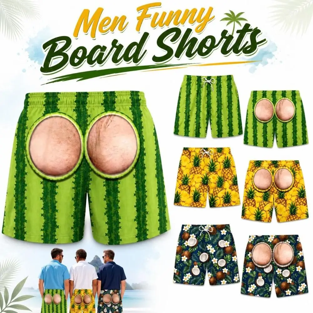 Loose-Fit Men Funny Board Shorts Elastic Breathable Print Beach Shorts Eye-Catching Fruit-Themed Novelty Swim Trunks