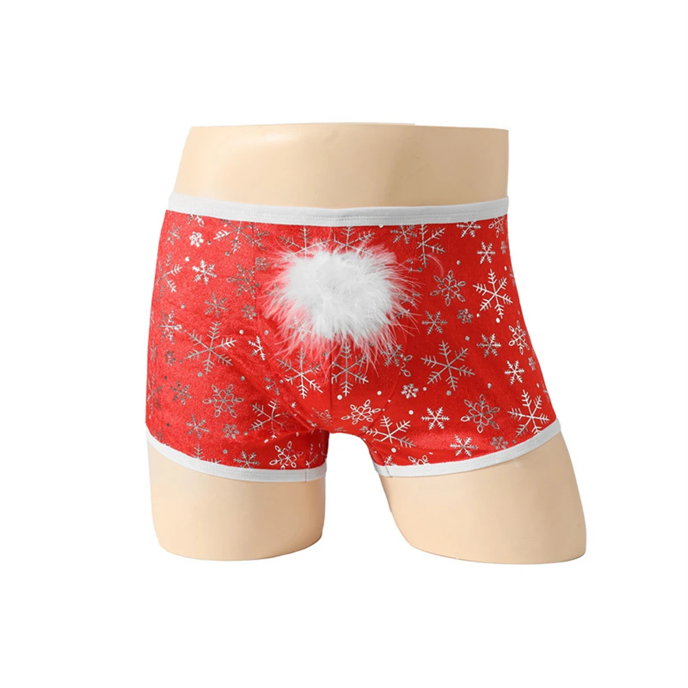 

1 шт., мужское сексуальное рождественское нижнее белье, плюшевая шляпа с принтом снега, одежда для сна, фестиваль, милое нижнее белье, дышащие плавки-боксеры