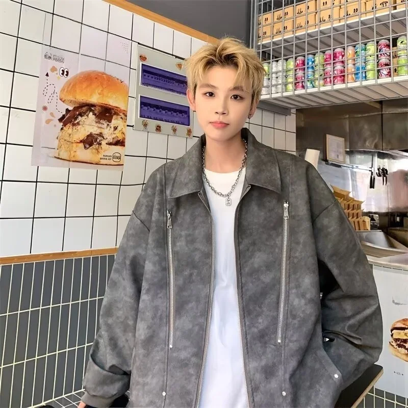 

Мужской осенне-зимний кардиган на молнии большого размера Jaet American Sle Мотоциклетный кожаный Jaet Thiened Long Sve Полиэстер...