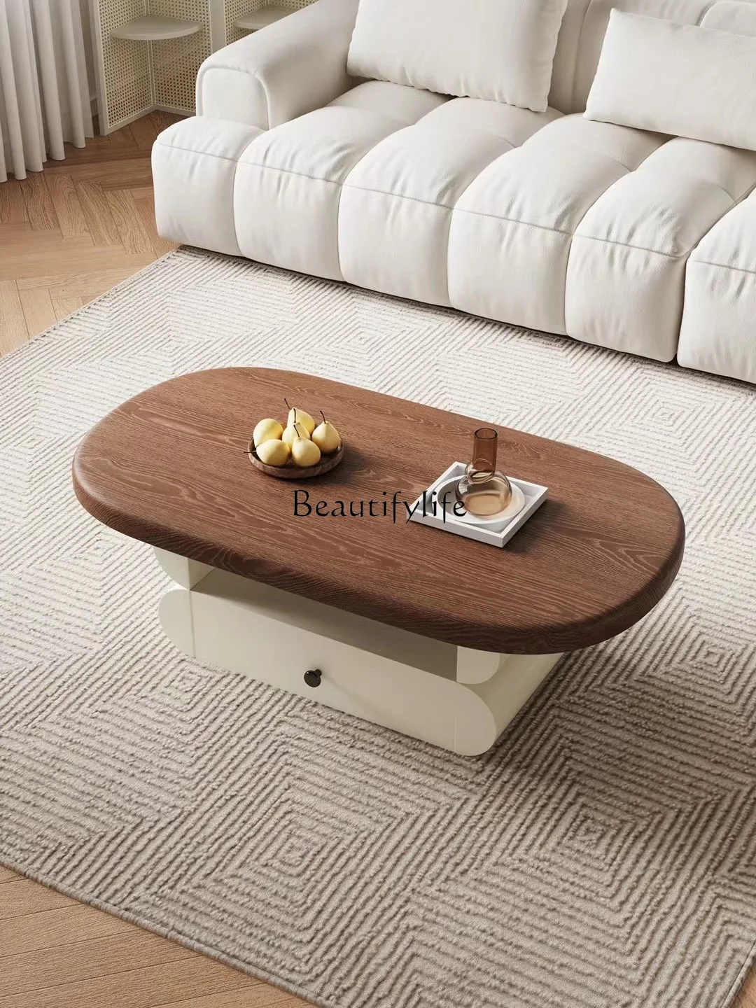 

oval coffee table solid wood baking paint cream white coffee table simple and modern