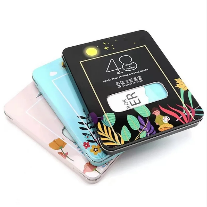 مجموعة صناديق القصدير المحمولة متعددة الألوان من الدهانات المائية مع مخطط الألوان ورق الرسم واللوازم الفنية للرسم