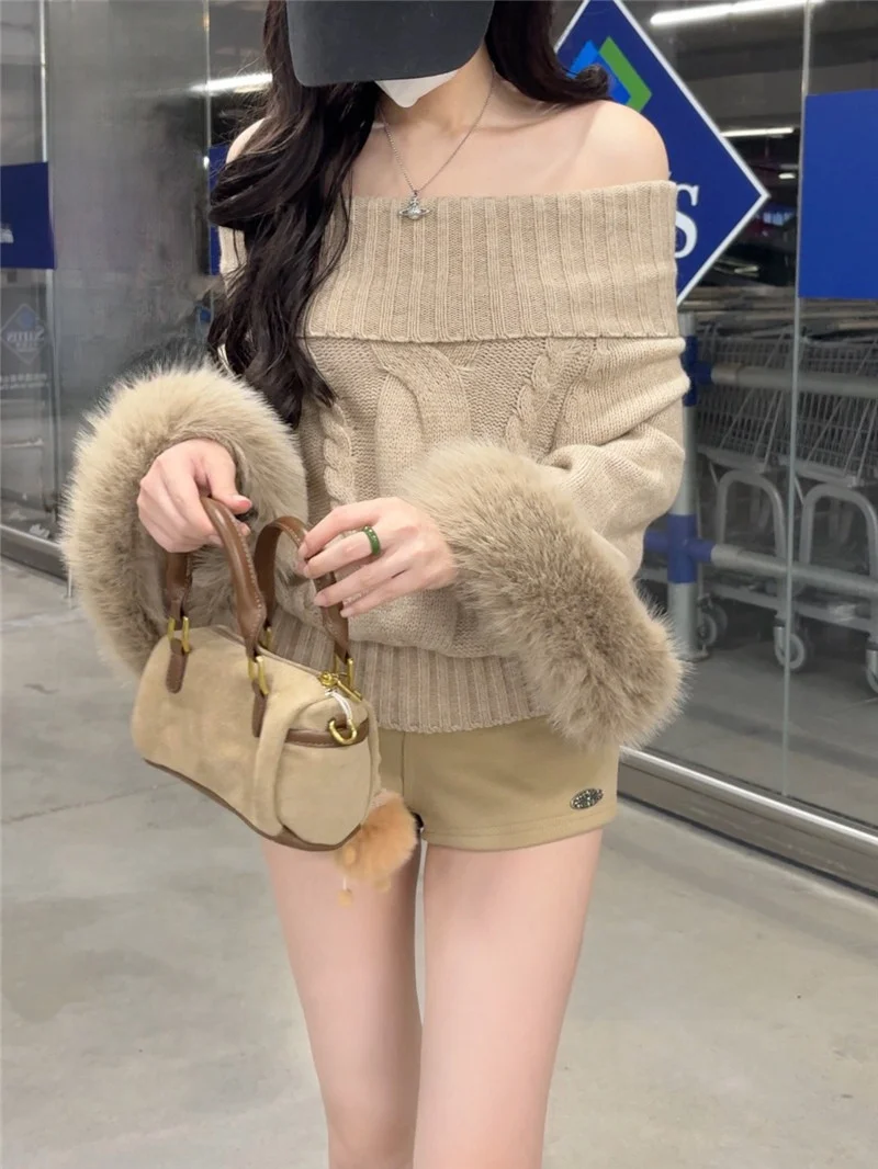 

Вязаный свитер с открытыми плечами для женщин, модный, весна 2026, новый, в стиле Lazy Sle, премиум-класса, базовый слой, комфортный и теплый.