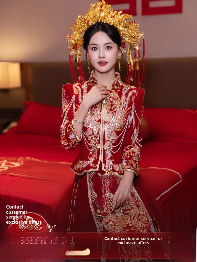 

Новинка 2026: Китайское свадебное платье в стиле Шэй с тяжелой вышивкой, короткая версия для невысоких невест, стройнящий крой.