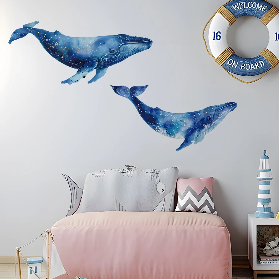 1/2/3sheets Watercolor Whale Wall Decals, Removable Blue Starry Sky Whale Wall Stickers, Peel and Stick PVC for Kids Bedroom