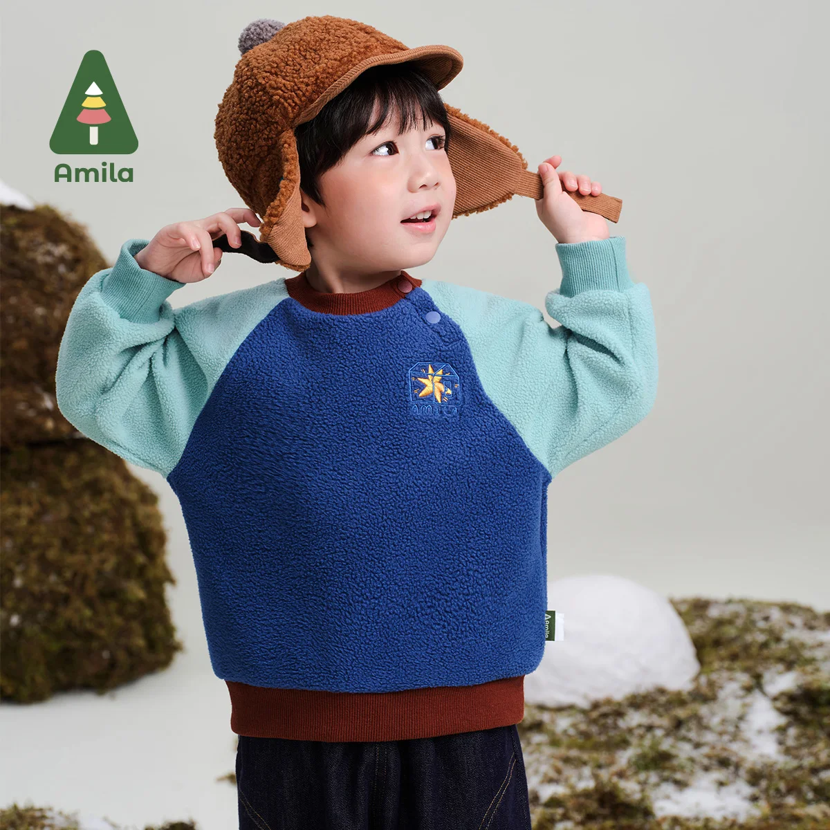 Amila Baby Sweatshirt 2024 Winter New Boys Contrast Color Star Pattern One-Piece Velvet Warm Loose Casual Children's Pullover