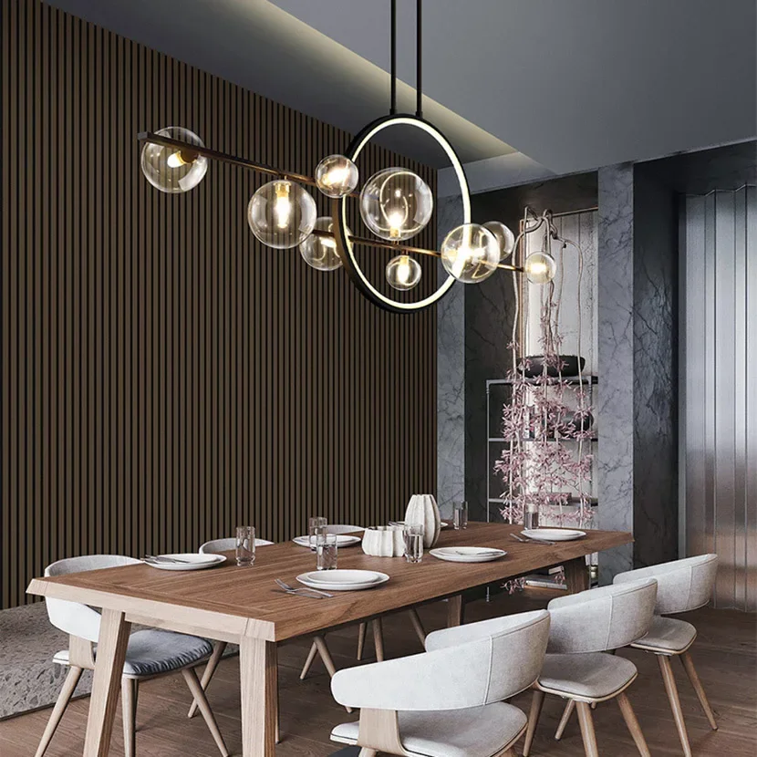 SNADYHA Modern LED Glass Ball Chandelier Black Smoke Clear Bubble Pendant Light Iron Frame Lamp for Dining Room Kitchen Table