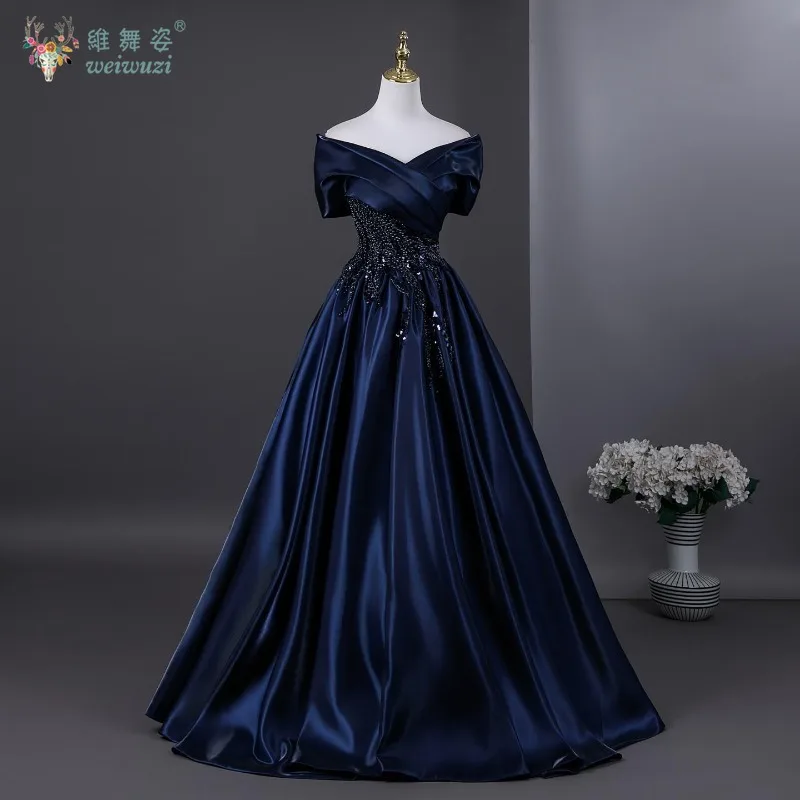 Exquisite marineblaue Pailletten-Applikationen für den Abend, Abschlussball, Prinzessin, Geburtstag, bauschig, A-Linie, Satin-Ball, Bühnenperformance-Kostüm im Vintage-Stil