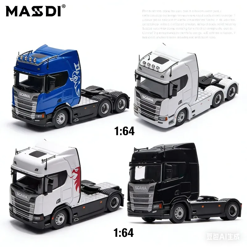

MASDI 1:64 Модель грузовика Scania R500 с синим прицепом, литая под давлением, коллекционная модель для взрослых, игрушка-подарок для мальчиков на праздник.