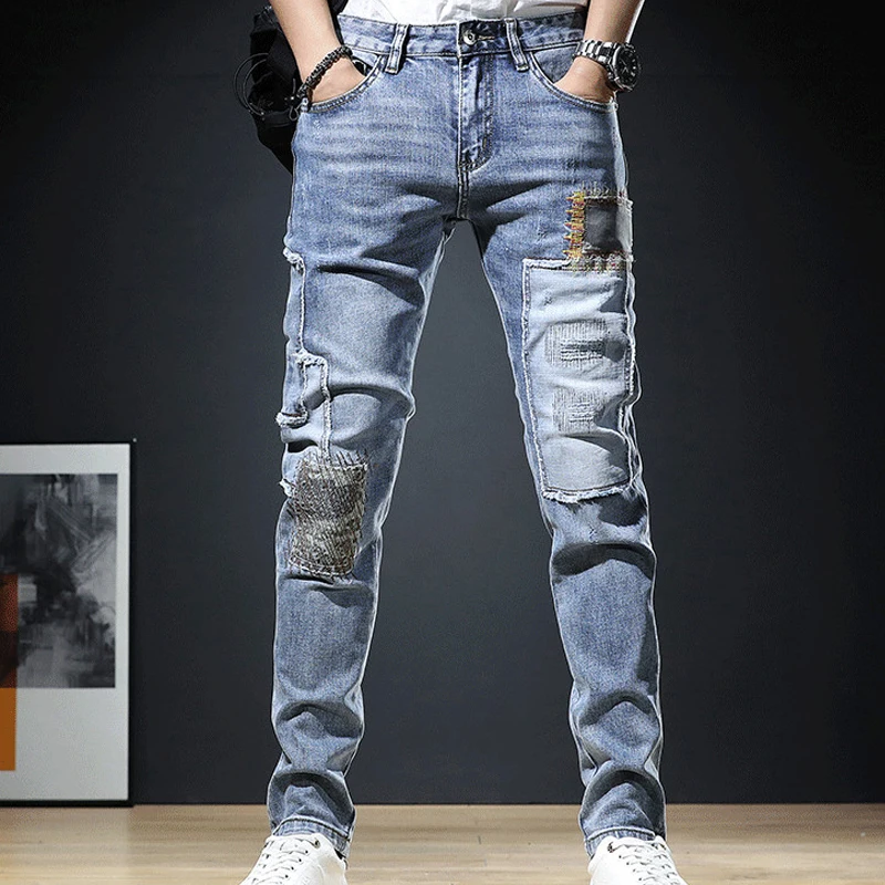 Spring New Arrival Men's Jeans Elastic Embroidered Patchwork Hip Hop Denim Pants Casual Style Slim Fit Cotton Trousers for Mens