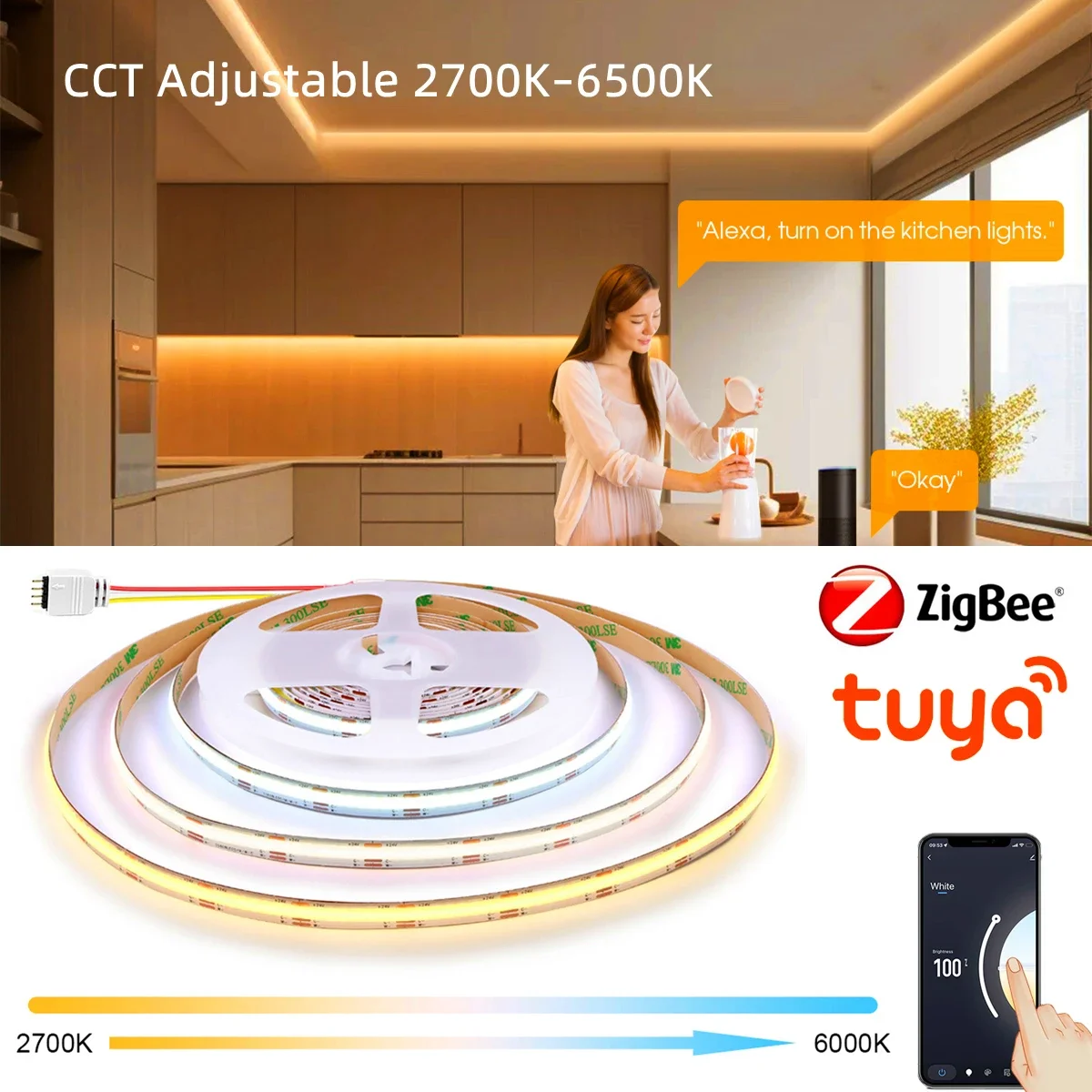 3m 5m COB LED Strip Cabinet Light with Zigbee CCT Controller 24V Color Temperature Adjustable 2700–6500K For Tuya Alexa Google