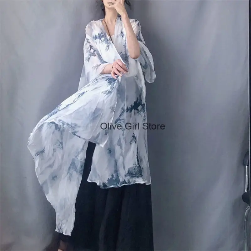 Retro Cardigan Elegant Buttonless Sun Protection Large Coat Ink Painting Loose Wide Sleeved Chiffon Elegant Light Thin Cardigan