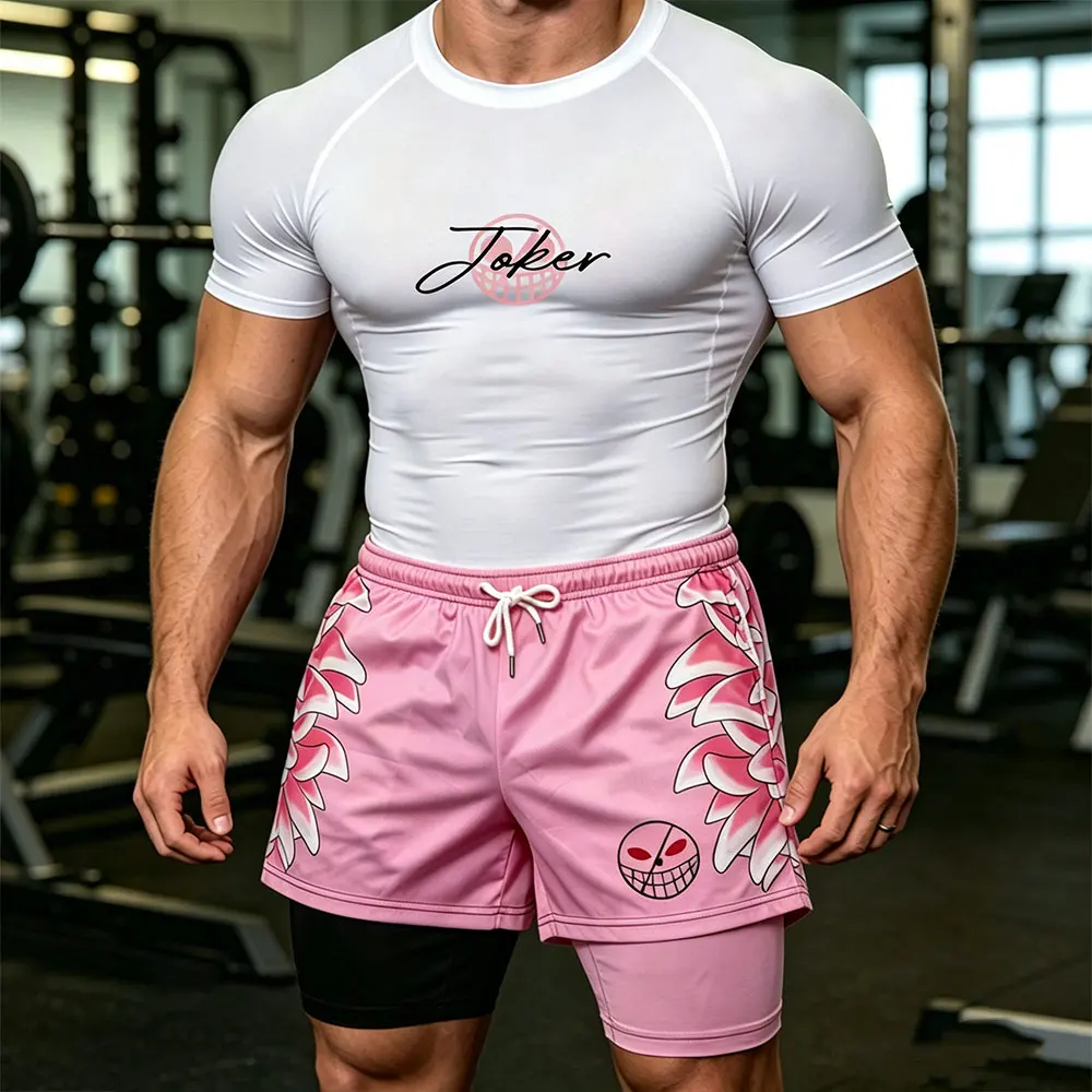 

Quick Dry Compression Sportswear Set for Men Slim Fit Training T-shirt and Double Layer Running Shorts with Graphic Print