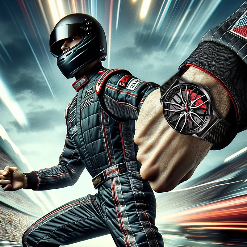 黒と赤のトレンディでスタイリッシュ、そして実用的なメンズクォーツ時計。黒のメッシュバンドが付いています。