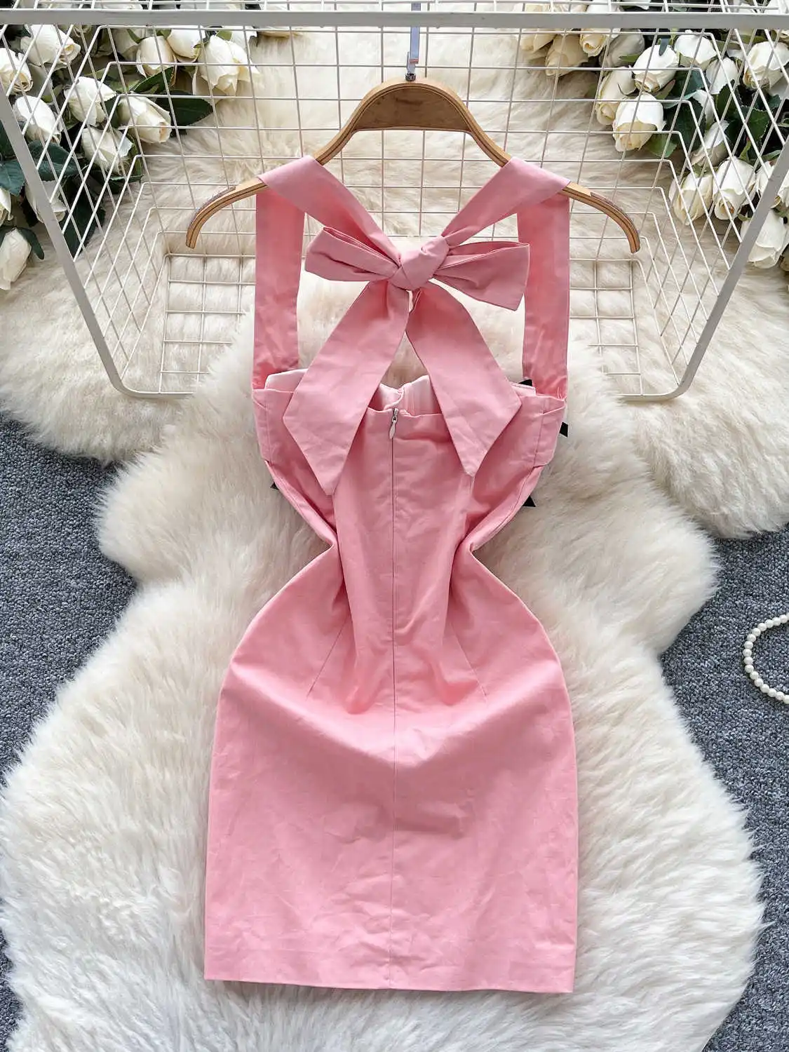 Mini robe moulante à nœud rose pour femmes, Vintage des années 90, élégante, épaules dénudées, col carré, Y2k, frocs une pièce, vêtements d'été 2025