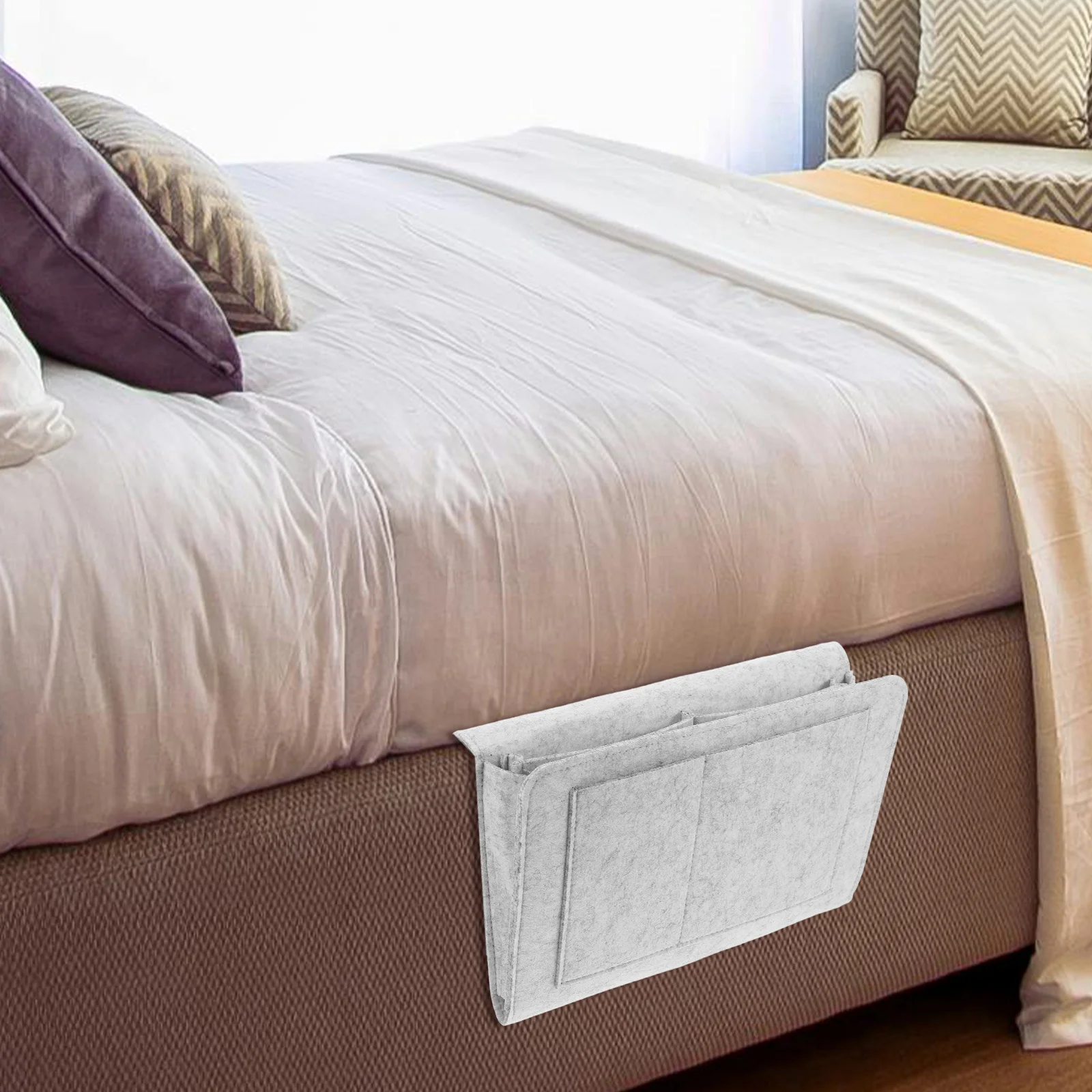 

Portable Gray Felt Storage Bag Hanging Organizer Armrest Pouch Bedside Case for Sofa Chair Dorm Room Electronics Accessories