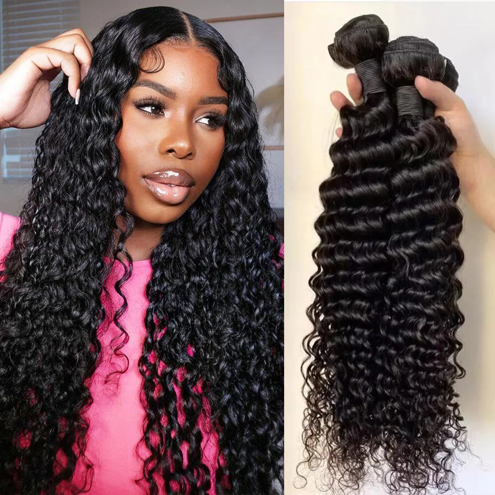 22 24 26inch Deep Wave Human Hair Bundles Brazilian Long Thick Raw Hair Bundles Human Hair Extensions for Women Queenlike