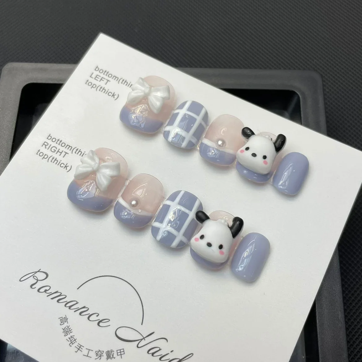 10pcs Dopamine Macarone Color Pochacco Handmade Nails Art Patch Blue Cute Girls Removable Wearable Finished Pressed Nail tips