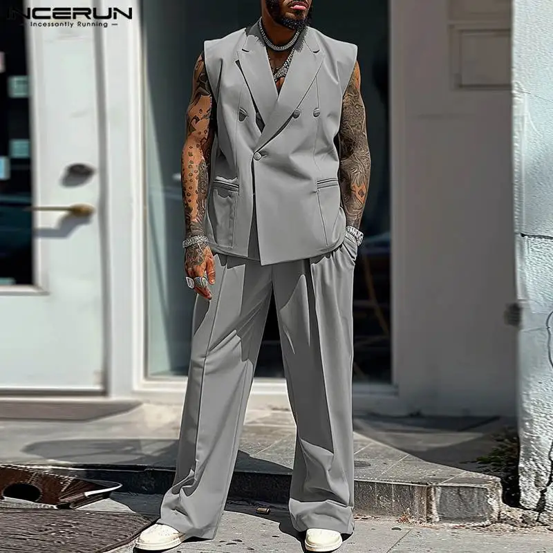 2024 INCERUN American Style Solid Color Sleeveless Sets Casual Insert Pocket Two-piece Suits Street Fashion Oversize S-5XL