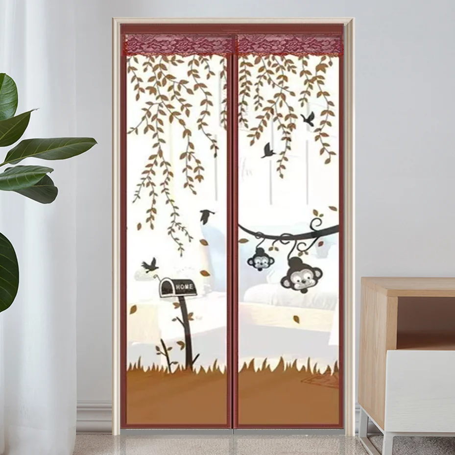 Summer Printed Coffee Magnetic Screen Door for Home, No-Drilling Mosquito-Proof Breathable Magnetic Mesh Door Curtain with Coffe