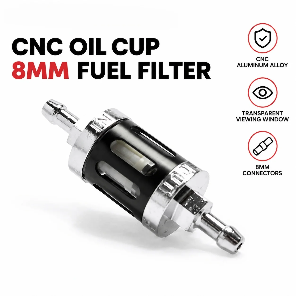 8mm Universal Motorcycle Fuel Filter CNC Alloy Oil Cup, Transparent Housing Gasoline Filter for Scooter Motorbike Fuel System