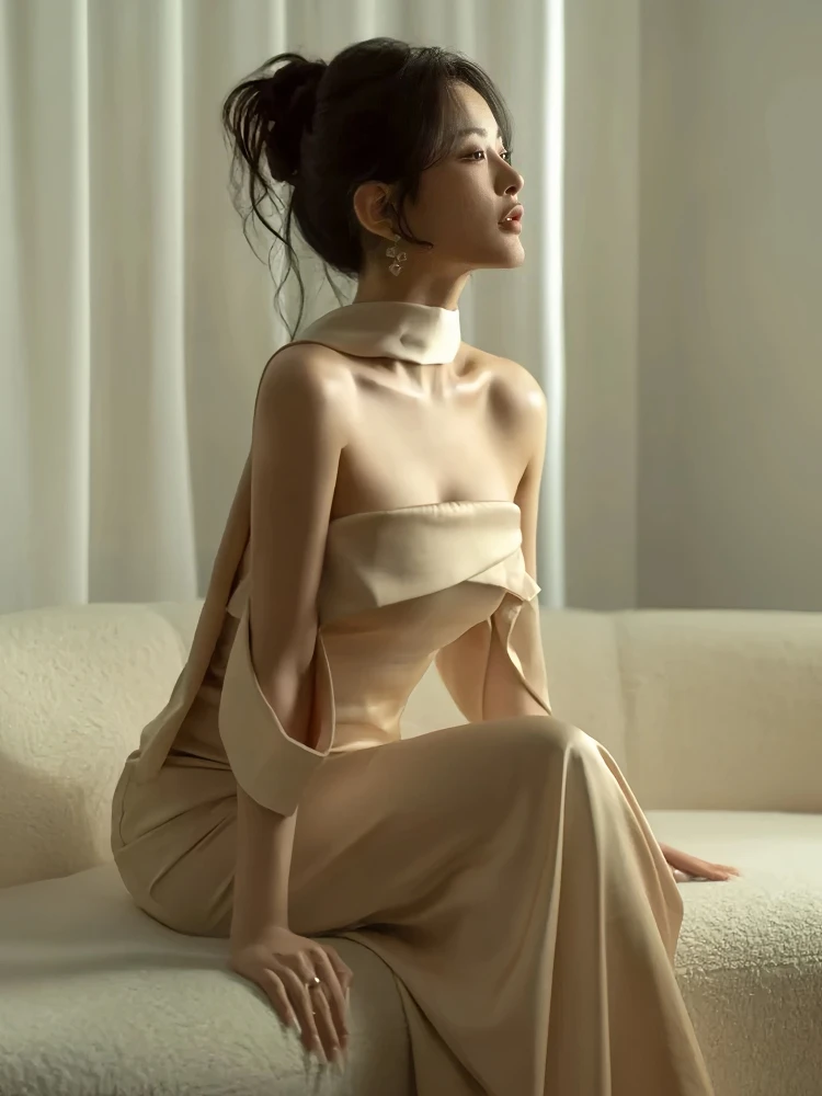 

Платье цвета шампань из атласа для помолвки, женское повседневное платье класса люкс, элегантное платье подружки невесты с А-образной юбкой