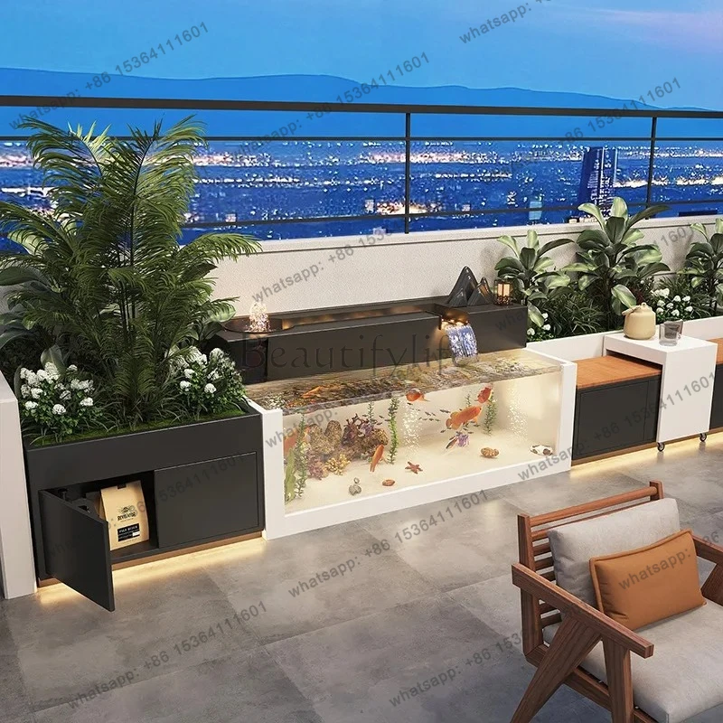 stainless steel fish pond flowing water ornament rockery fountain courtyard balcony garden outdoor landscaping view
