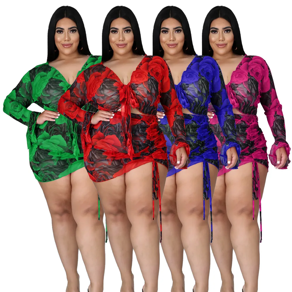 Women's V Neck Twist Cutout Long Sleeve Abstract Print Drawstring Mini Skirt Two Piece Set Sexy Comfort Commute Vacation Outfit