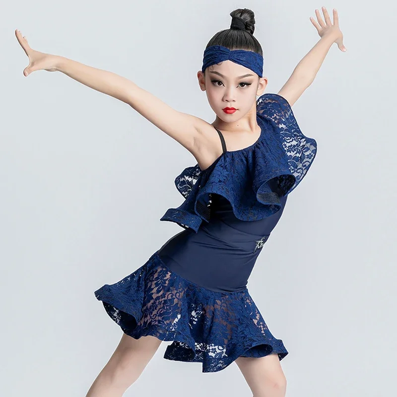 Summer Oblique Shoulder Ruffles Latin Dnace Dress Girls Blue Pink Latin Dress Child Salsa Tango Chacha Ballroom Dance Dress