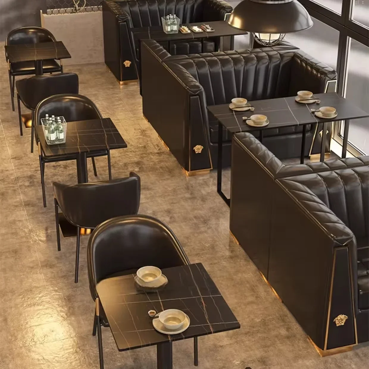 

l # Light luxury industrial style western restaurant cafe pub black booth commercial furniture sofa dining table and chair set