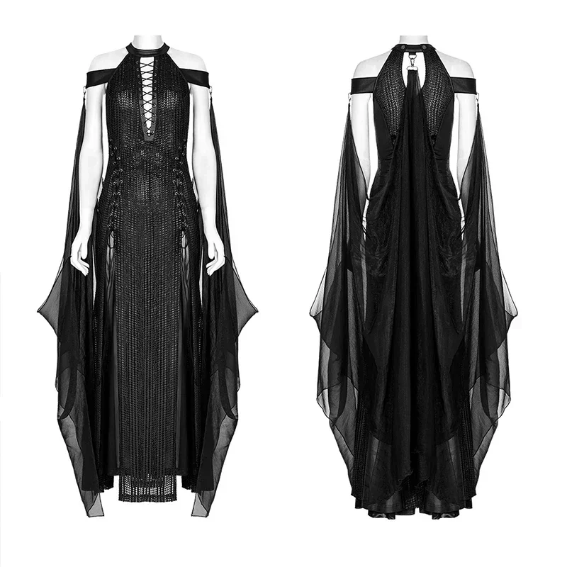 PUNK RAVE Women\'s Elf Gothic Textured Mesh and Chiffon Dress Detachable Cloak Fairy Queen Goddess Sexy Long Dresses