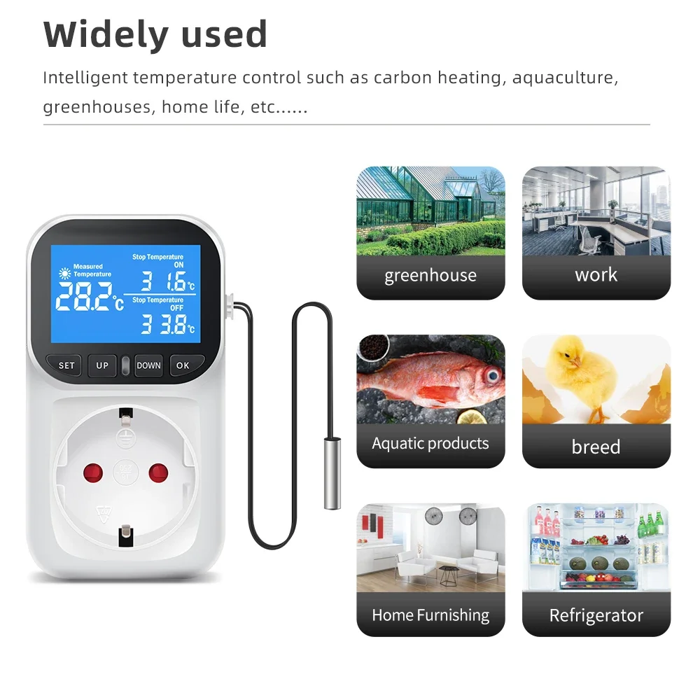 Digital Temperature Controller Socket Outlet EU Plug Thermostat With Timer Sensor Probe Heating Cooling Switch 16A Backlight