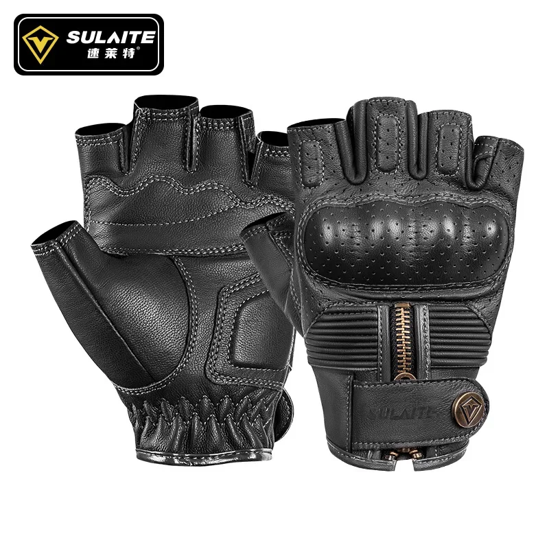 

Sulaite For Men Women Half Finger Motorcycle Gloves Retro Black Moto Mtb Bicycle Cycling Gloves Vintage Leather Fingerless Glove