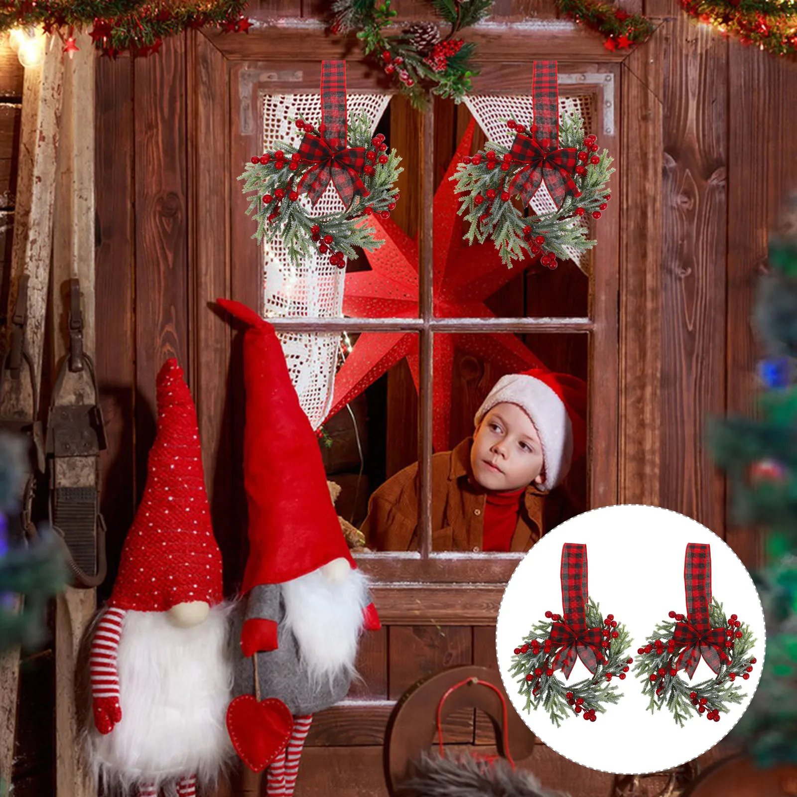 

Mini Farmhouse Wreath Red Berry Small Rattan Decoration for Kitchen Cabinet Window Hanging Indoor Table Centerpiece 2Pcs Set