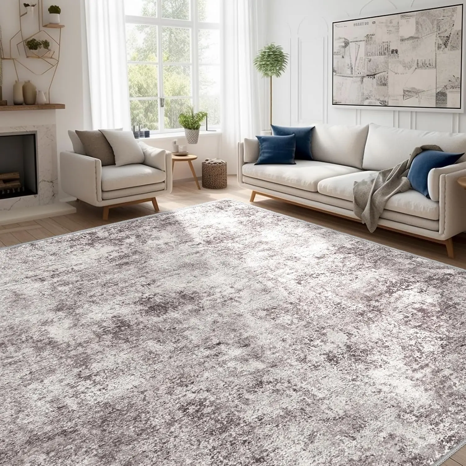 

Abstract 10X14 Washable Rug: Modern Non Slip Area Rug Soft Carpet Foldable Distressed Stain Resistant Neutral Rugs For Living