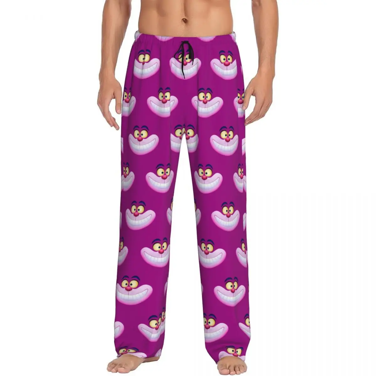 Custom Print Smiling Cheshire Cat Pajama Pants Men's Cartoon Anime Sleep Sleepwear Bottoms with Pockets