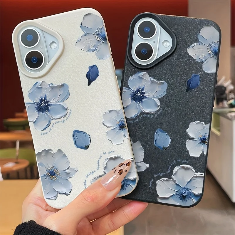 Coque de téléphone en simili cuir, peinture à l'huile bleue, fleur, pour iPhone 16 E 15 14 Plus 13 12 11 Pro Max XS Max XR XS X, housse en Silicone