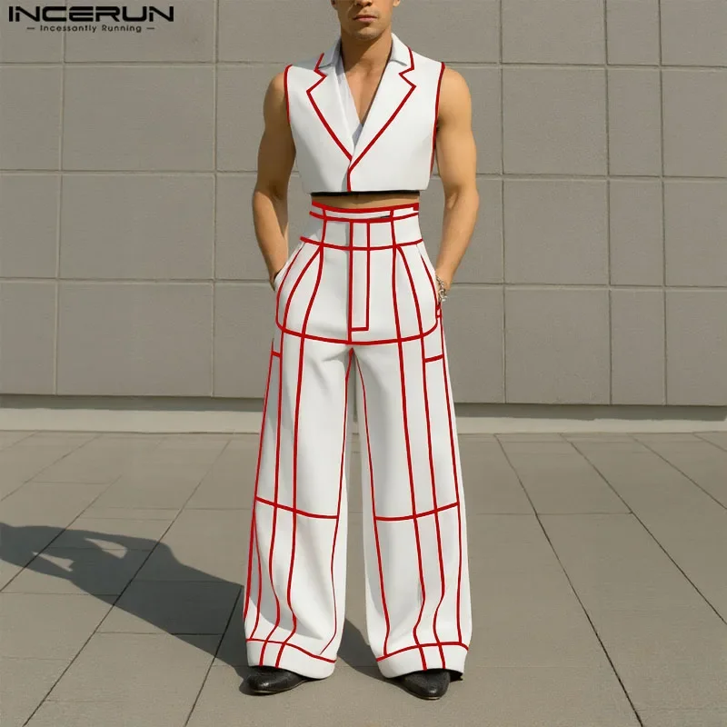 INCERUN Men Sets Patchwork Lapel Sleeveless Crop Vests & Wide Leg Pants Two Pieces Sets Streetwear Fashion Casual Men's Suits