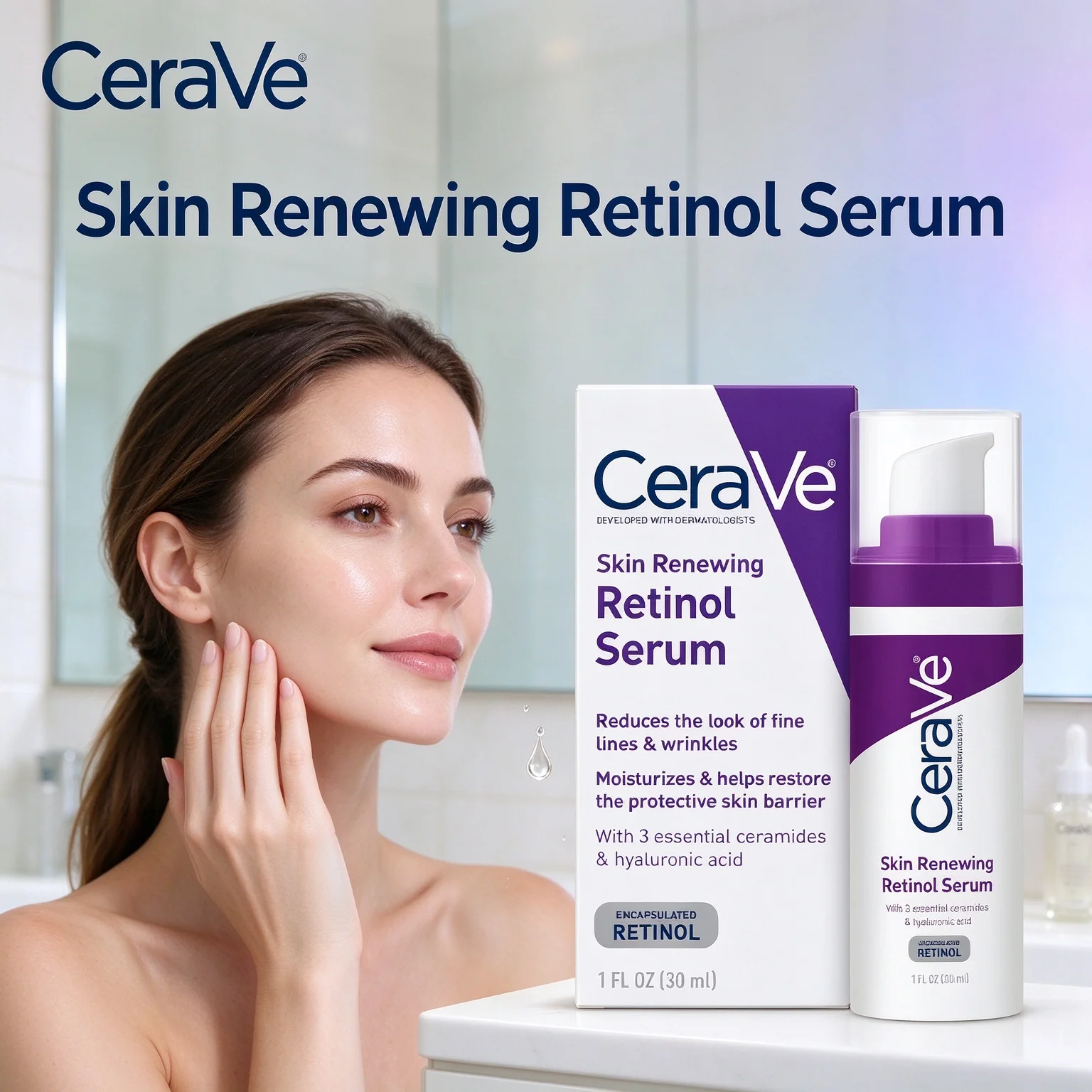 CeraVe Skin Renewing Retinol Serum 1 FL OZ /30ml Renew Skin Texture Moisturizing Anti-Aging Facial Care Serum