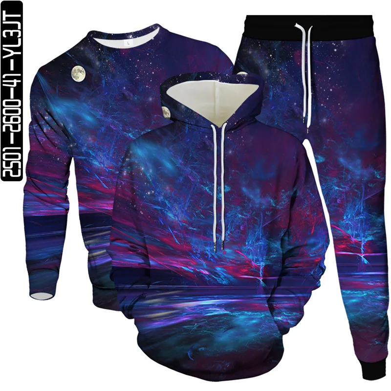 Male Large Size 6XL Tracksuit Hoodies Sweatshirt Pants 3Pcs Set Night Galaxy Mountain Tree Bird Lightning Print Men Clothes Suit