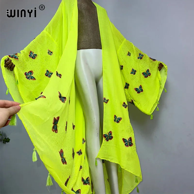 WINYI wysokiej jakości motyl haftowany sukienka z frędzlami Boho Maxi plaży okrycie plażowe wakacyjny dla kobiet stroje kąpielowe Africa Kimono