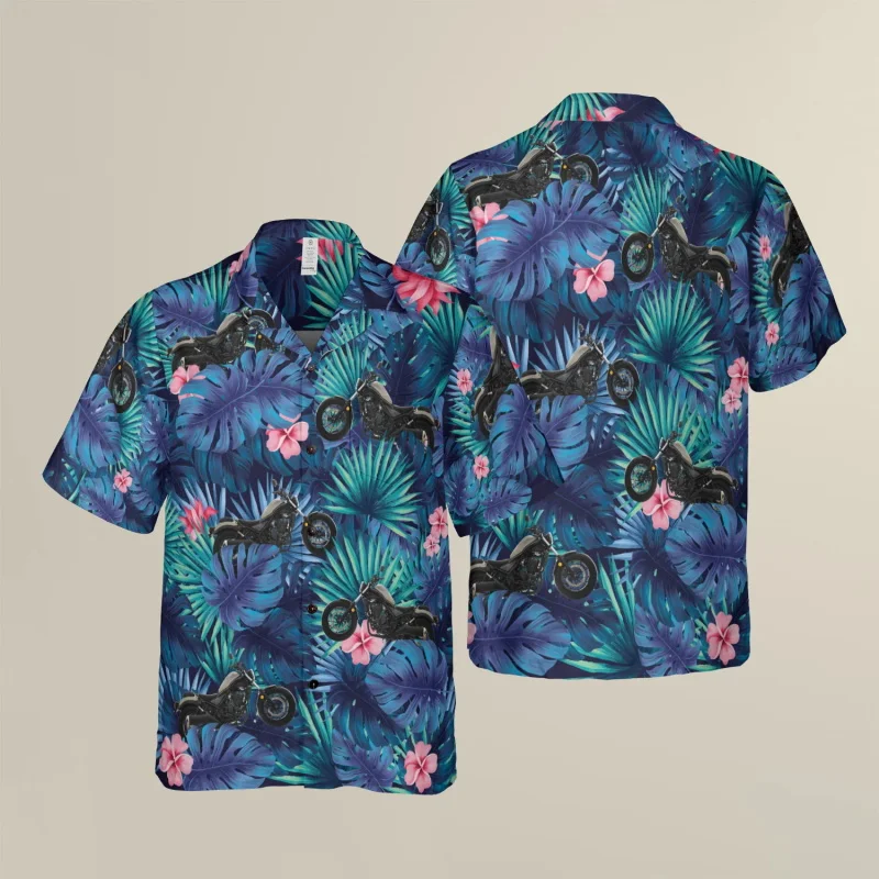 Retro Motorcycle Pattern Hawaiian Shirt For Men Short Sleeve Button Up Aloha Shirts Casual Summer Vacation Party Beach Shirt