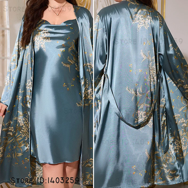 

Plus Size 4XL 5XL Women Robe 2PCS Set Sexy Nightgown Chemise Sleepwear Lingerie Print Cherry Kimono Bathrobe Gown Satin Homewear