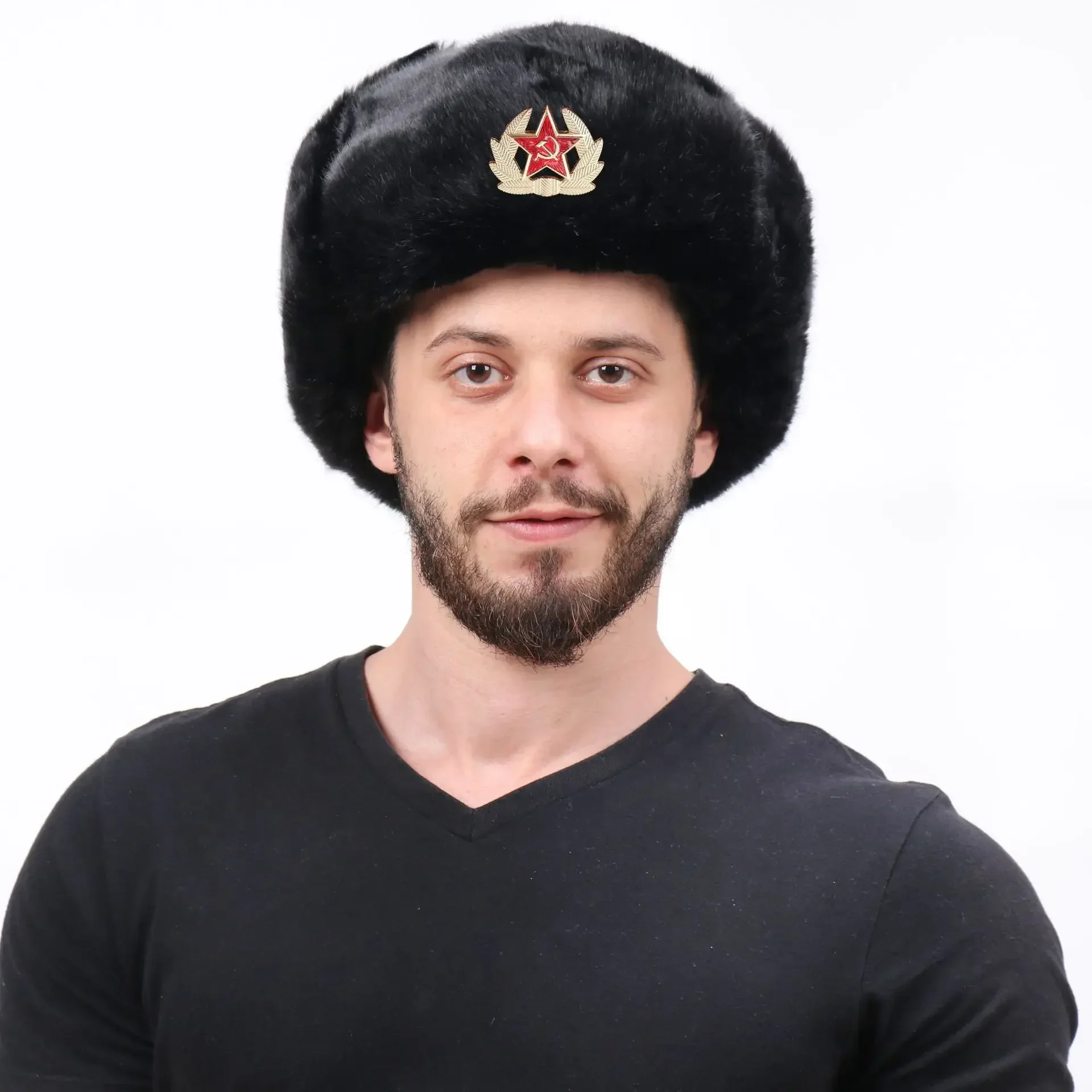 Soviet Army Military Badge Russia Ushanka Bomber Hats Pilot Trapper trooper Hat Winter Faux Rabbit Fur Earflap Men Snow Caps