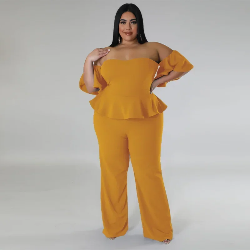 

KEXU Sexy Strapless Plus Size Women Plunging Ruffles Short Sleeve High Waist Straight Jumpsuit Romper Elegant Party Overalls