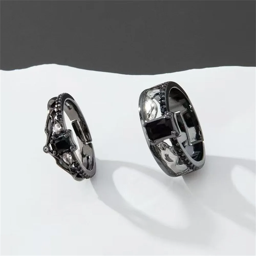 Gothic Black Zircon Couple Rings Adjustable Open Band Ring Vintage Dark Jewelry Gift For Men Women Party Accessories