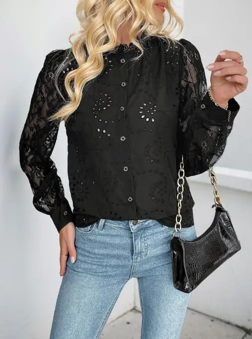 Outono cor sólida em torno do pescoço renda retalhos único breasted camisa para mulher, elegante e casual oco para fora camisa de manga comprida