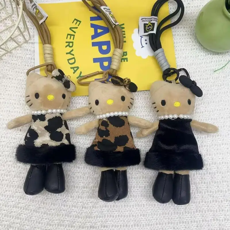 Sanrio Hello Kitty Black Skin Long Leg Series Leopard Print Plush Long Skirt Love Button Pendant Backpack Car Keychain Girl Gift