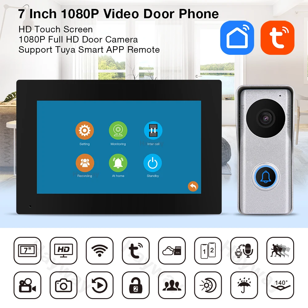 Hayway 7 Inches Video Intercom Tuya Smart Home Video Door Phone System 1080P 110° Wired Doorbell Camera IPS Full Touch Monitor