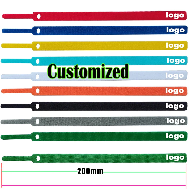 100PCS/LOT 200mm Personalized logo  cable ties Adhesive Fastener Tape  Hook Loop stick bulcker Belt Bundle Wire Line Strap cord