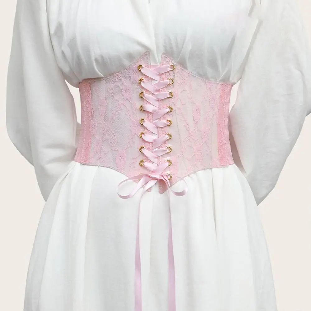 Wide Lace Corset Waist Belt PU Leather Stretchy Silk Elastic Cummerbunds Decorative DIY Waistband Strap